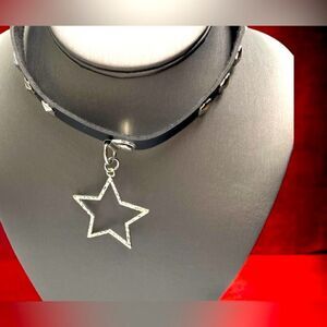 Silver Rhinestone Star l Black l Leather l Studded Necklace Choker l New